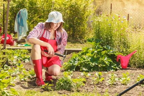 A woman kneeling in a garden bed with freshly tilled soil, surrounded by young green plants and small flowering plants, holding a garden trowel. She is dressed in a checkered shirt, red apron, and red rain boots, wearing a sun hat. In the background, there are taller flowering plants, a wooden fence, and trees with sunlight filtering through the leaves, creating a warm outdoor atmosphere. The garden appears well-maintained with a focus on vegetable and flower cultivation, typical of a residential garden in Downham or the surrounding area. The scene emphasizes outdoor gardening activities consistent with services provided by Lawn Mowing Downham, highlighting neat, cultivated garden spaces ready for planting or ongoing care.